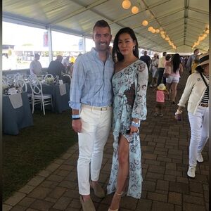 BCBGMAXAZRIA Baby blue and lace maxi dress